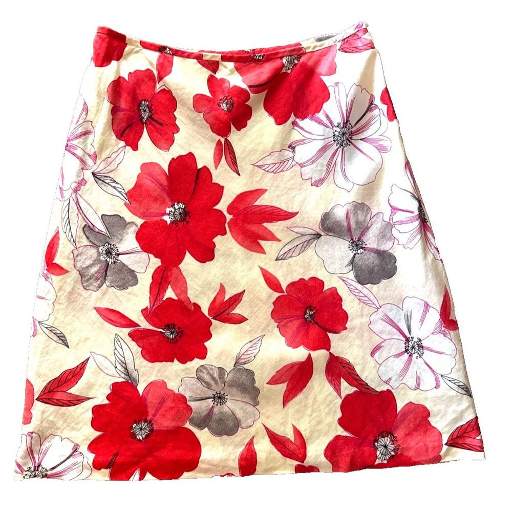 ANN TAYLOR LOFT Sz. 10 LINEN Floral Red Multicolor Travel Vacation Office Skirt